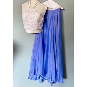 Rachel Allan white and periwinkle two-piece prom dress